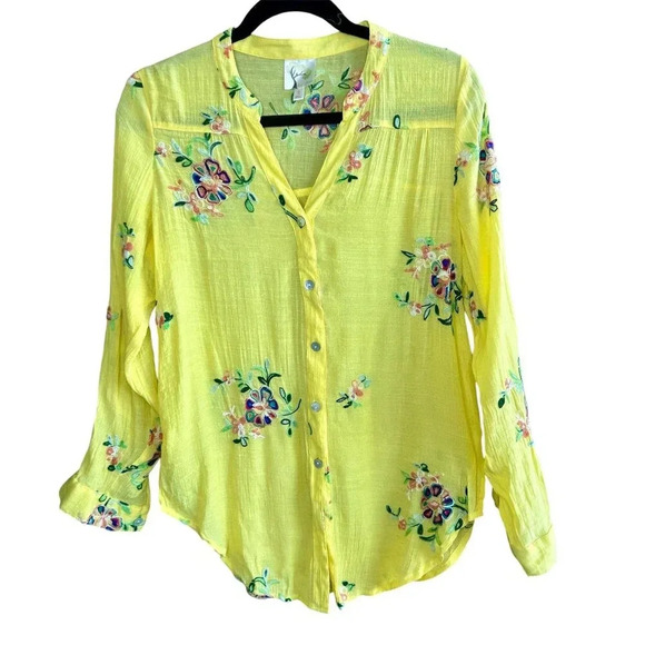 Anthropologie Fig & Flower Yellow Floral Tunic Sleeve Tab Blouse Size Small - Picture 1 of 9